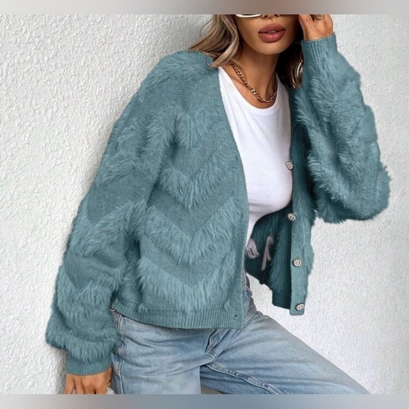 Halo & Harley Sweaters - Women's Teal Fuzzy Cardigan